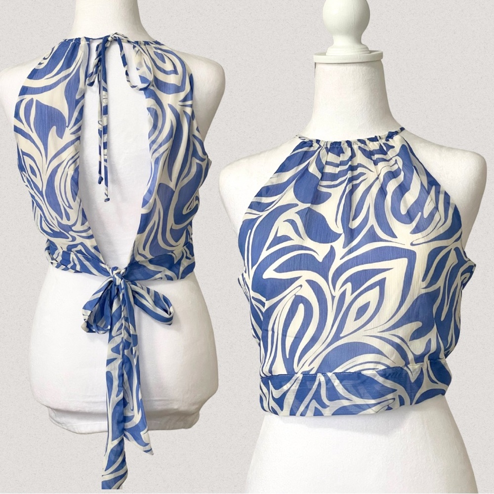 1. State Abstract Blue and White Halter Top